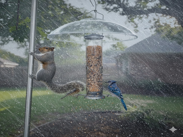 A squirrel climbing a pole to get to a bird feeder